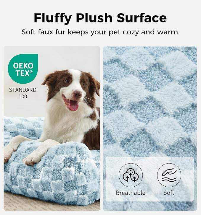 Made4Pets Dog Couch Bed, Soft Faux Fur Checkered Indoor Pet Sofa, Comfortable Fluffy Dog Sofa with Supportive Foam, Removable Washable Cover with Non-Slip Base, Sky Blue, Large