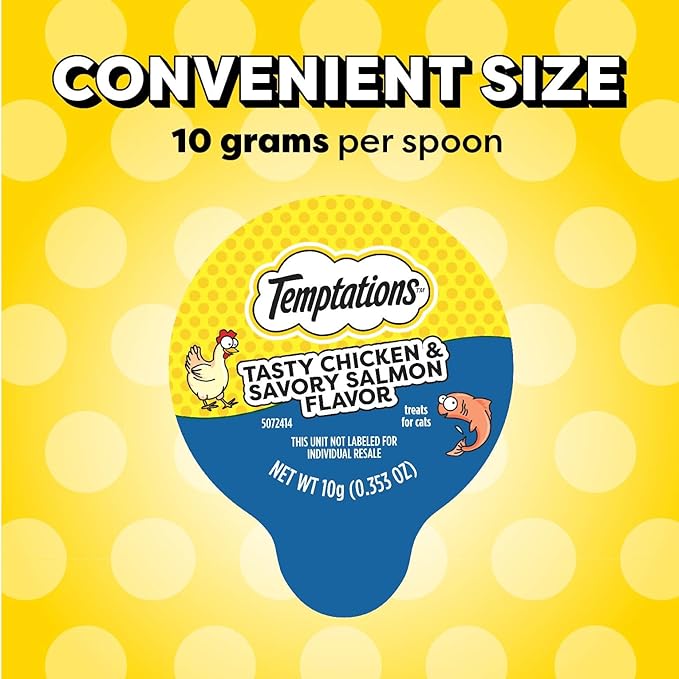 Temptations Lickable Spoons, Soft Lickable Cat Treats, Adult Wet Cat Treats, Tasty Chicken and Savory Salmon Flavor, 8 Spoons, Pack of 12 (96 Total)