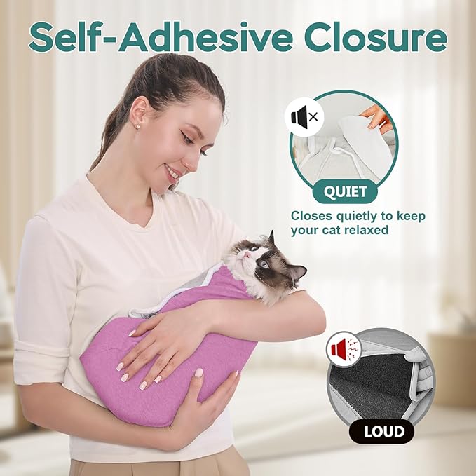 Self-Adhesive Cat Grooming Wrap, Cozy Cat Wrap for Cutting Nails, Breathable Anti-Scratch Cats Swaddle Bag for Brushing, Ear Cleaning, Dental Care, Medication, Injections,Pinkish Purple S