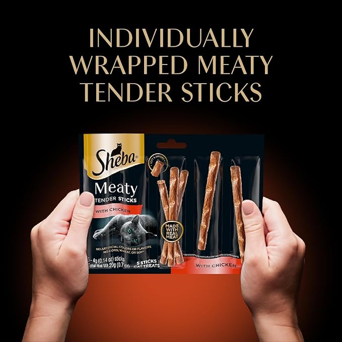 Sheba Meaty Tender Sticks Chicken Cat Treats, Chicken Flavor, Cat Snacks, 0.14 oz., 5 Count, Pack of 10 (50 Sticks Total)