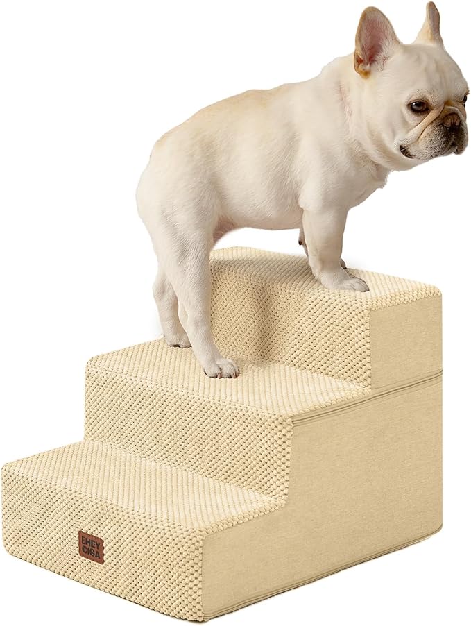 EHEYCIGA Dog Stairs for Small Dogs 13.5" H, 3-Step Dog Steps for Couch Sofa and Chair, Pet Steps for Medium Cats, Non-Slip Balanced Pet Ramp Indoor, Graige