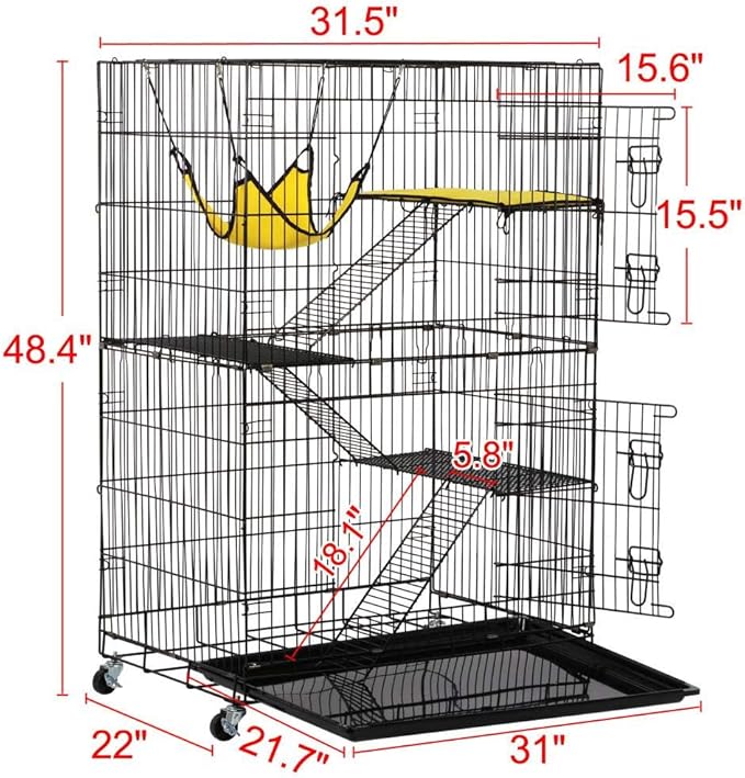 Yaheetech 49'' Collapsible Cat Cage 4-Tier Metal Cat Kennel Ferret Enclosure Chinchilla Cage with Rotating Casters/Ramp/Ladders/Hammock for Indoor Kitten