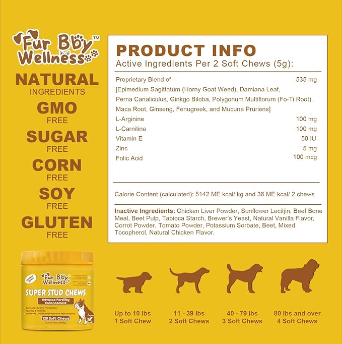 Reproductive Health Supplement for Dogs – Fertility & Breeding Support Chews with L-Carnitine, Zinc, Ginseng & Vitamins – Boosts Reproductive Cells, Testosterone & Vitality – 120 Soft Chews
