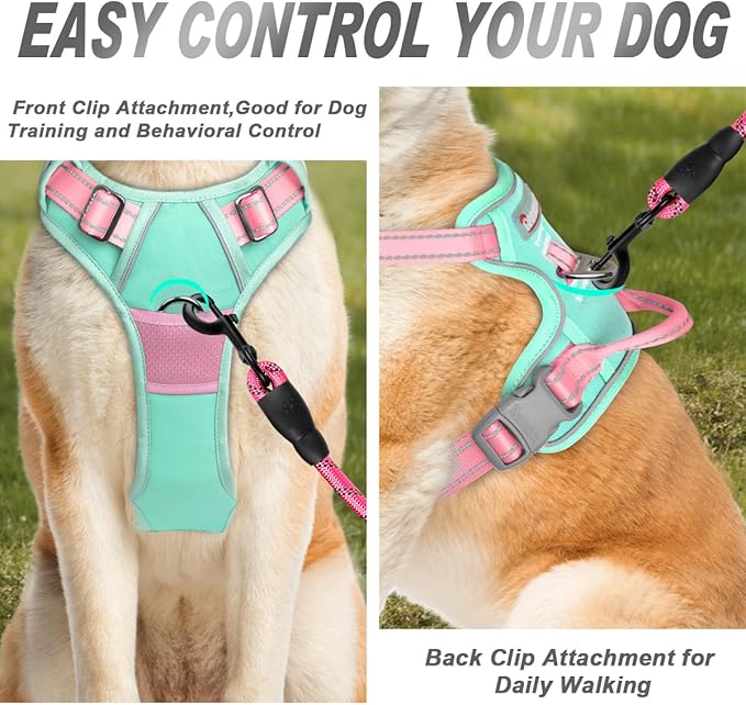 BARKBAY No Pull Dog Harness Front Clip Heavy Duty Reflective Easy Control Handle for Large Dog Walking(Cool Mint & Baby Pink,L)