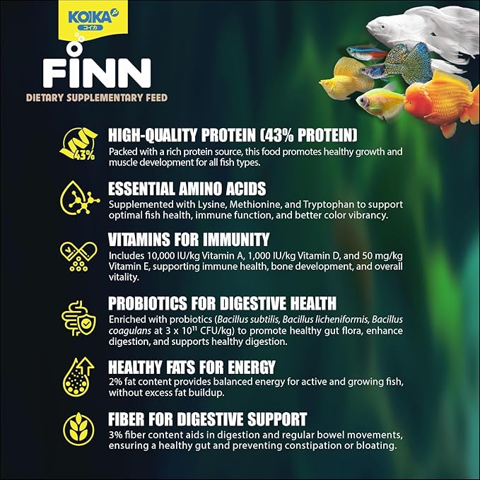 KOIKA FINN Probiotic Fish Food Pellets for Ornamental Fish, 43% Protein with Bacillus Probiotics, Supports Digestion and Immune Health for Daily Feeding (15g, Ornamental Fish - 0.4mm Pellets)