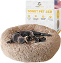 Calming Round Donut Dog Bed Pillow, Washable, Anti Anxiety, Anti-Slip, Cozy Soft Cuddler Comfort Bed with Fluffy Plush Faux Fur for Large Medium Small Sized Dog - Beige, M 31 inch
