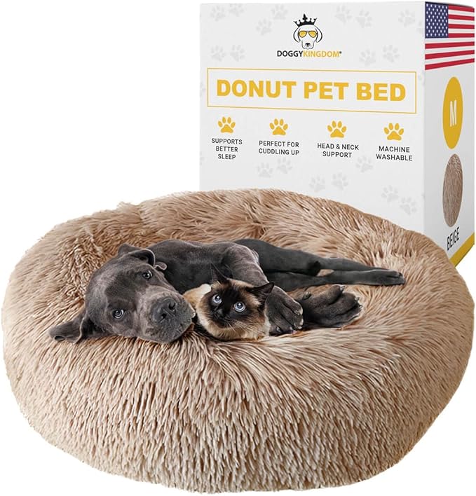 Calming Round Donut Dog Bed Pillow, Washable, Anti Anxiety, Anti-Slip, Cozy Soft Cuddler Comfort Bed with Fluffy Plush Faux Fur for Large Medium Small Sized Dog - Beige, M 31 inch
