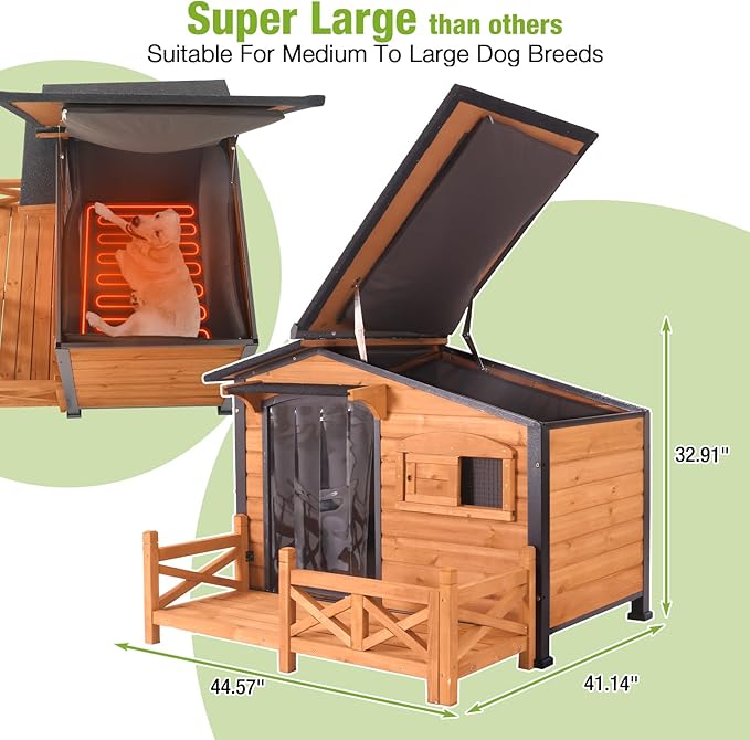 GUTINNEEN 44.6" L Extra Large Heated Dog House Outdoor Insulated Winter Dog Kennel with Thermostat-Controlled Heating Pad, Chew-Proof Metal Frame and 6-Sided Insulated Liner for Medium Dogs, Brown