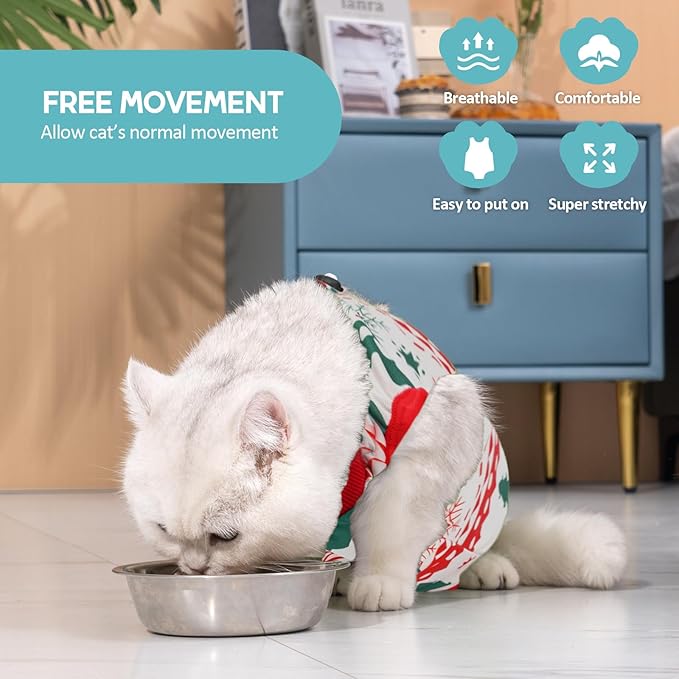 Avont Cat Recovery Suit - Kitten Onesie for Cats After Surgery, Cone of Shame Alternative Surgical Spay Suit for Female Cat, Post-Surgery or Skin Diseases Protection -Christmas(M)