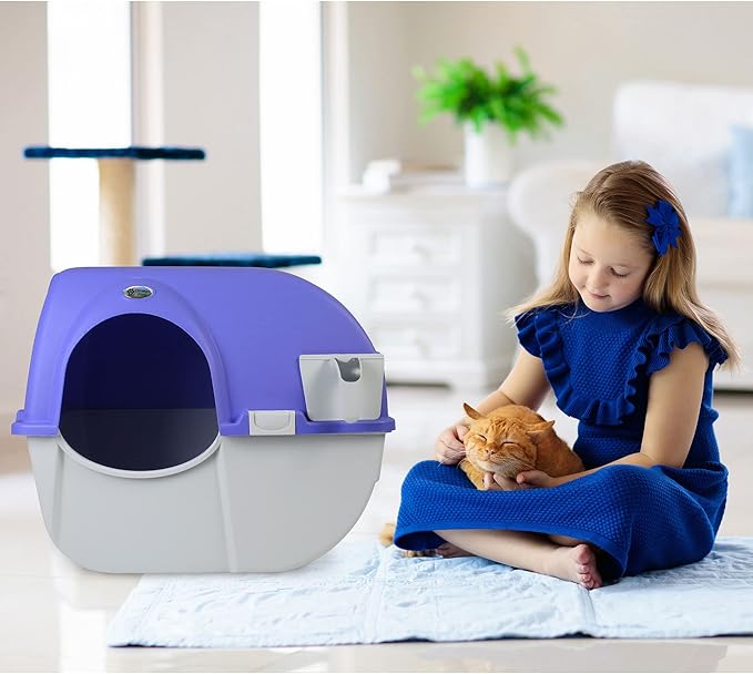 Omega Paw Roll 'n Clean Plastic Indoor Outdoor Automatic Self Cleaning Litter Box with Enclosed Lid for Regular Sized Cats up to 12 Pounds, Periwinkle