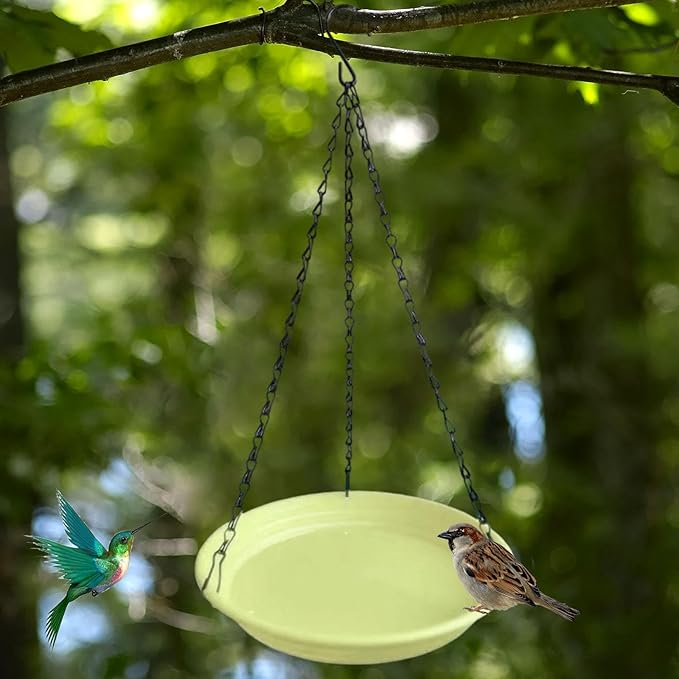 Hanging Bird Feeder and Waterer Tray Water Feeding Bowl Garden Decor with Chains Sturdy Birds Water Station for Backyard Yard, Yellow