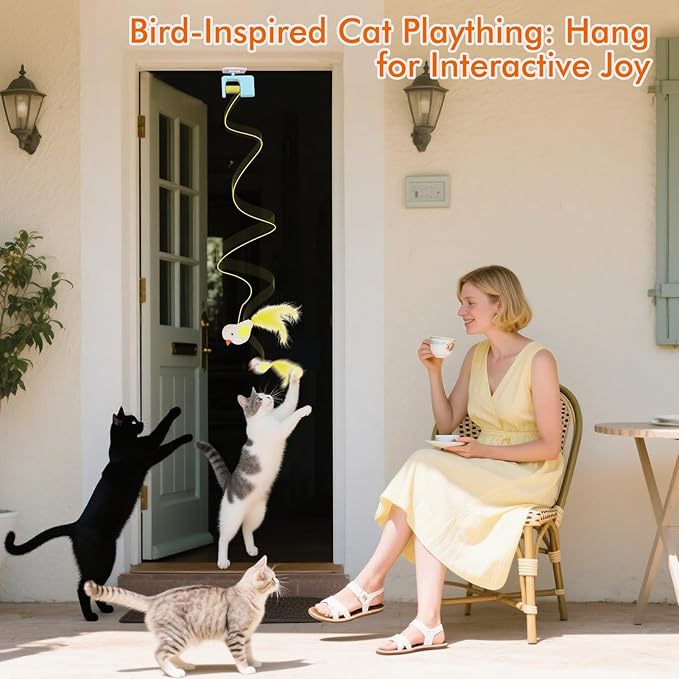 AIERSA Interactive Cat Toys for Indoor Cats,Automatic Cat Hanging Toys for Bored Indoor Adult Cats, Caterpillar and Flying Bird Toy for Door Frame, Self-Play Pet Chase Toy-Blue