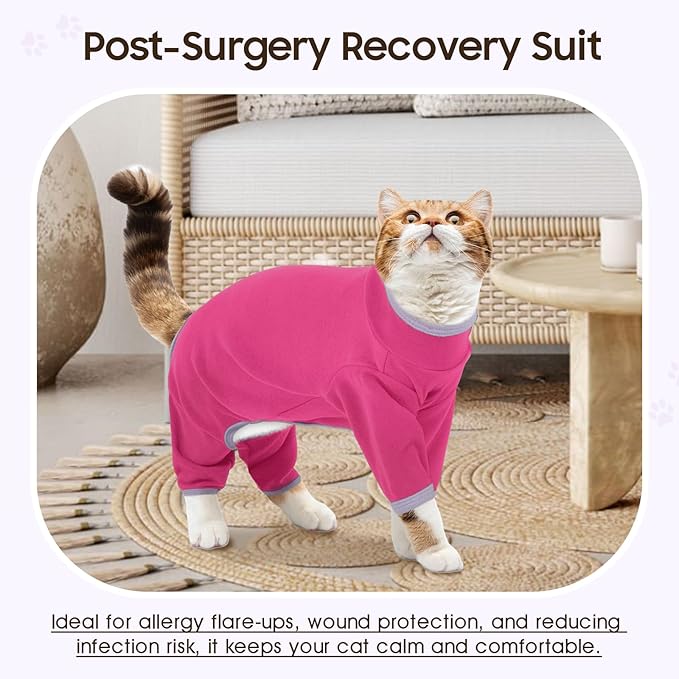 DENTRUN Cat Clothes for Hair Control with Hair Sticky Fabric - Soft Recovery Suit & Breathable Lint-Resistant Cat Sweater for Cats Only, Kitten Onesie Pajamas, L, Bright Pink