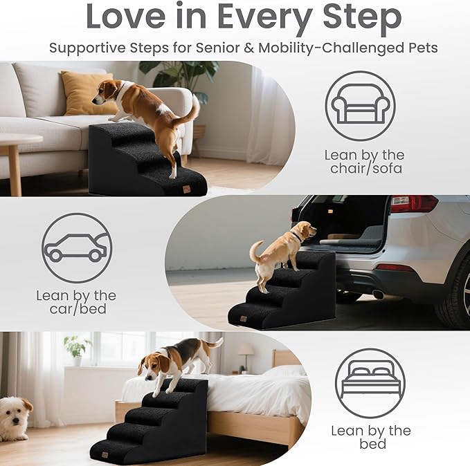 gogobunny Ramp Cat Dog Stairs for Beds, Cat Slope Stairs with Durable Waterproof Fabric Cover, Pet Steps for Old Large Dogs Climbing (Black, 3-Step (22.4" D x 15.7" W x 15.7" H), 3)