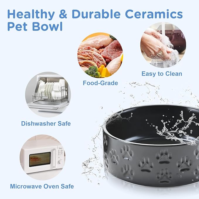 SPUNKYJUNKY Elevated Dog Bowls Ceramic, 6.1'' Dogs and Cat Food Water Bowls Raised with Non-Slip Bamboo Stand for Medium Sized Breed Microwave Dishwasher Safe - 28.7 OZ,Paw Black