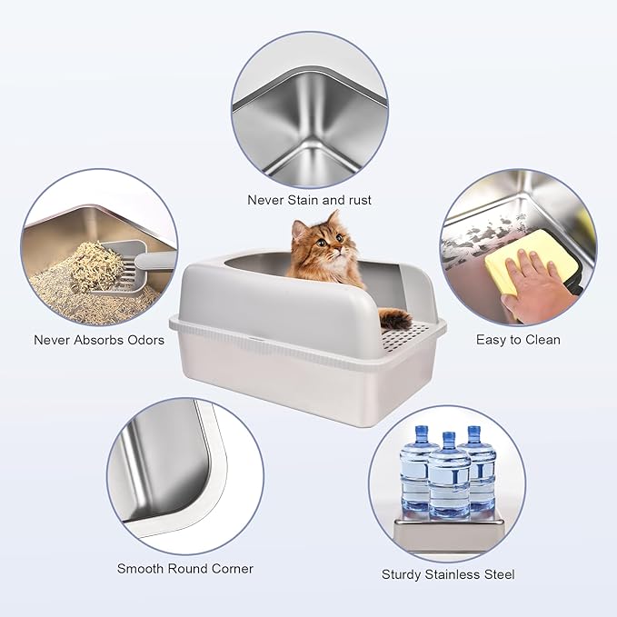 Henkelion Stainless Steel Cat Litter Box with Lid, 20" L x 14.2" W x 11.8" H, Extra Large Litter Box for Big Cats with High Sided, Anti-Urine Leakage, Easy Cleaning, Include Cat Mat and Scoop