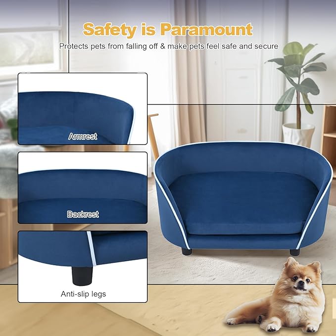 27'' Pet Sofa Bed for Small Dogs and Cats with Soft Cushion, Removable Cover, Anti-Slip Pads, Blue