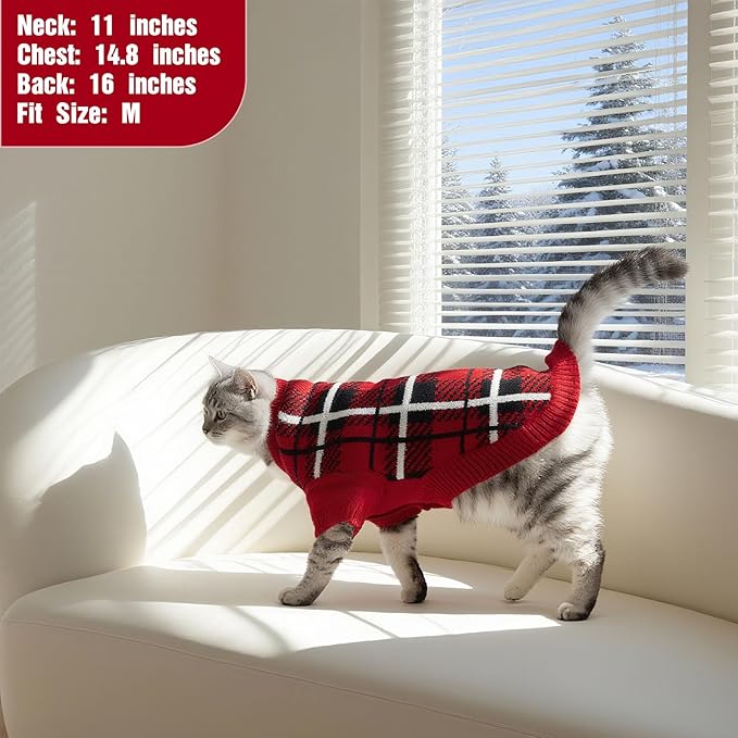 EXPAWLORER Cat Sweater Cardigan - Stylish Knit Cat Clothes, Plaid British Style Soft Puppy Sweater with Sleeve, Warm Pet Clothing Knitwear, Fall Winter Kitten Coat for Girl Boy Cats, Red L