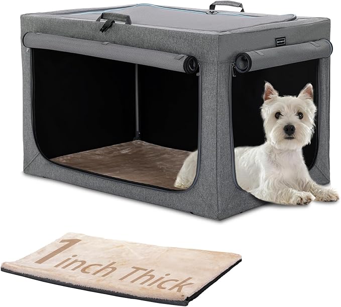 PETSFIT Portable Dog Crate for Small Dogs, – 24" Soft Dog Travel Crates with Lockable Zippers & Thicken Mat, Adjustable Patented Spiral Steel Frame, Collapsible Kennel for Indoor & Outdoor
