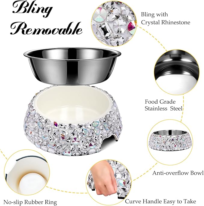SlowVibes Bling Stainless Steel Dog Bowls,18oz Removable Diamond Metal Food Water Bowl for Feeding Dogs,Rust Resistant Non-Slip Puppy Dish,Sparkle Rhinestone Essentials for Medium Large Girl Pets