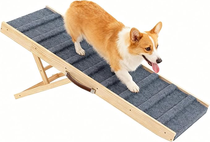 Dog Ramp for Bed, 47.3" Long Wooden Pet Ramp for Small & Large Dogs, 4 Adjustable Heights 13.8" to 26" with Anti-Slip Carpet & Carrying Handle Holds, Portable Dog ramps for Car, Bed, Couch, Outdoor