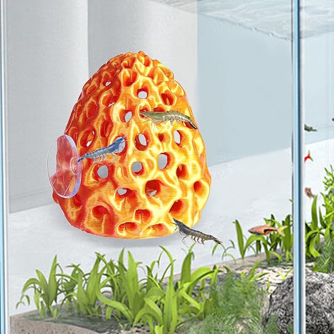 Shrimp Dome Hide, Shrimp Hides for Aquarium, Betta Fish Hideout with Suction Cup, Betta Habitat Tank Ornament Accessories, Aquarium Decor for Small Fish Guppy Hiding Resting (Lid Gold Red)