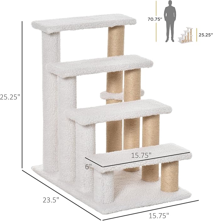 PawHut 4 Levels Cat Steps, Pet Stairs Carpeted Ladder, Kitten Tree Climber with Scratching Posts, Hanging Play Ball, Side Step, for High Bed, Sofa, White