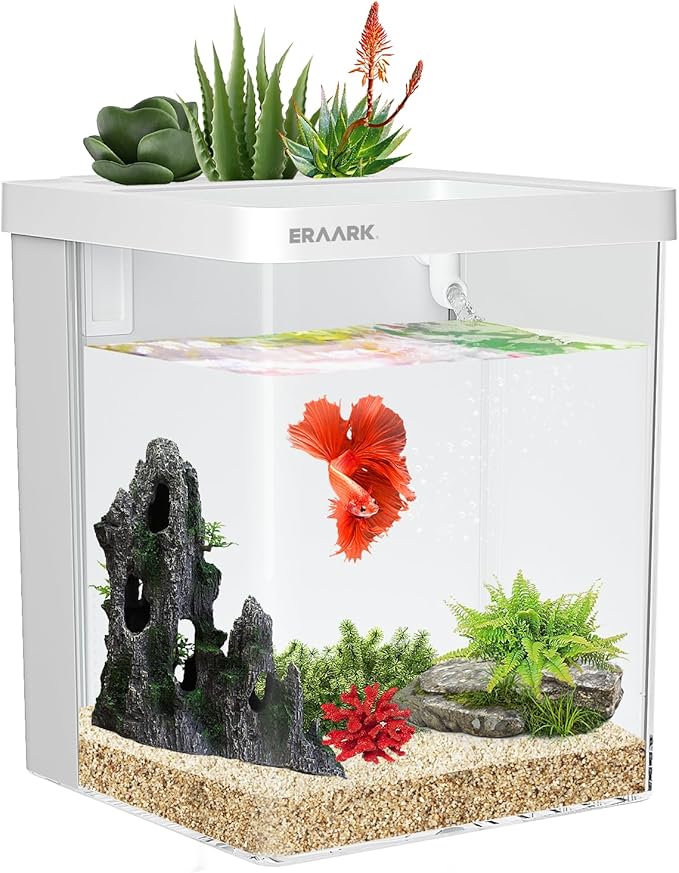 Smart Betta Fish Tank 1.5 Gallon Aquarium with Filter LED Light, Water Pump, Fish Bowl (White)