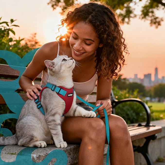 rabbitgoo Cat Harness and Leash for Walking, Escape Proof Soft Adjustable Vest Harnesses for Cats, Easy Control Breathable Reflective Strips Jacket, Red & Teal, S