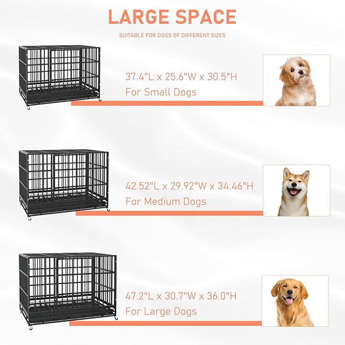LEMBERI 48 Inch Heavy Duty Indestructible Dog Crate, Escape Proof Double Door Dog Kennel with Lockable Wheels, High Anxiety Extra Large Dog Cage Indoor Use, with Removable Tray