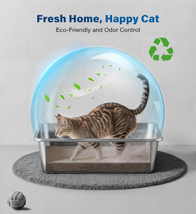 Stainless Steel Litter Box, Large Cat Litter Box for Medium to Large Cats, Odor-Free, Non-Stick, Easy to Clean, 19.5"×13.6"×3.9", Low Entry for Kittens, Seniors, or Injured Cats