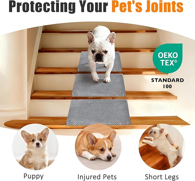 Dog Ramp for Stairs for Small & Senior Dogs and Cats – Non-Slip Stair Wedges for Dogs with Gentle Slope, Pet Ramp with Washable Cover & Self-Sticky Pads for Safe Climbing (Gray, 2 Pack)
