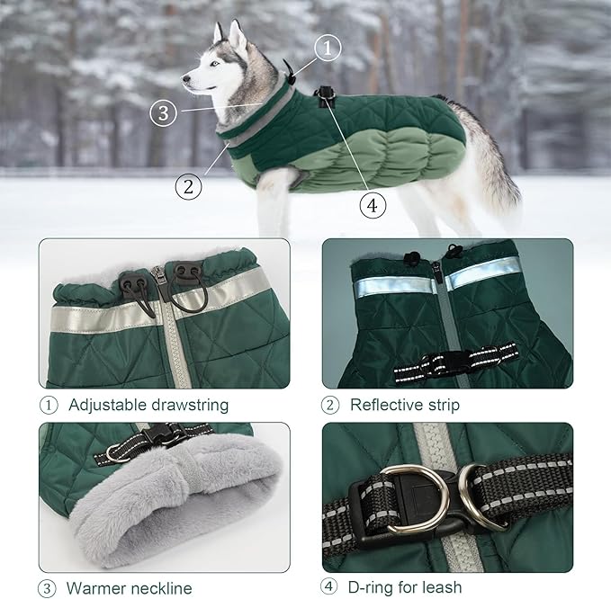 Lelepet Warm Dog Winter Coat Dog Coats for Large Dogs Waterproof Dogs Jacket with Harness Built in Reflective Cold Weather Coats Zip-Up Winter Fleece Vest Snowsuit Boston Terrier Teal Green L