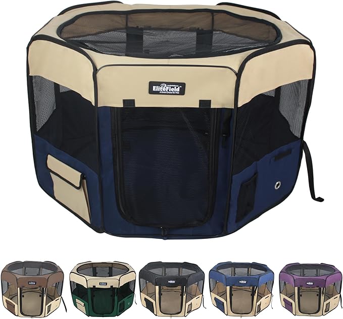 EliteField 2-Door Soft Pet Playpen (2 Year Warranty), Exercise Pen, Multiple Sizes and Colors Available for Dogs, Cats and Other Pets (30" x 30" x 20"H, Beige+Navy Blue)