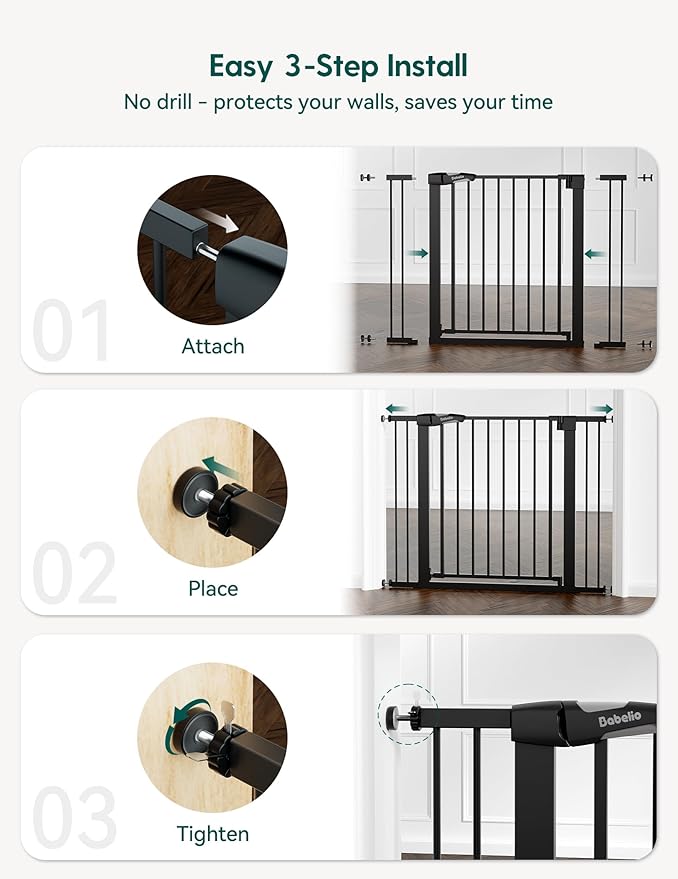 Babelio Baby Gate for Doorways and Stairs, 29-48" Auto Close Dog Gate PressGuard P7, Easy-Install Pressure Mounted Satey Door, No Drilling Safety Gate for Child and Pets, 2 Pack, Black