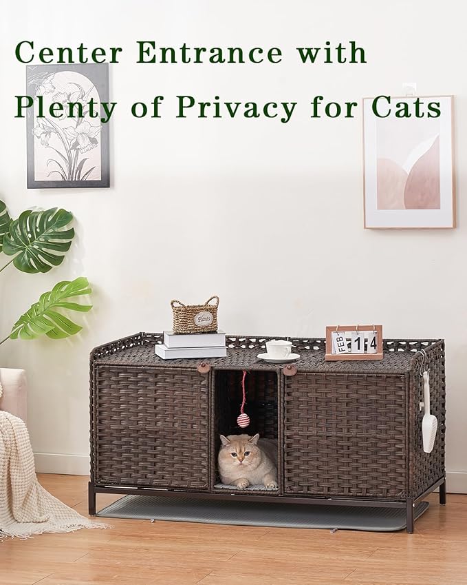 Cat Litter Box Enclosure for 2 Cats, Hidden Litter Box Furniture with Mat, Large Rattan Cat House with Double Room and Door, 47.3 L x 19.7 W x 24 H, 2 S-Shaped Hooks for Living Room Brown