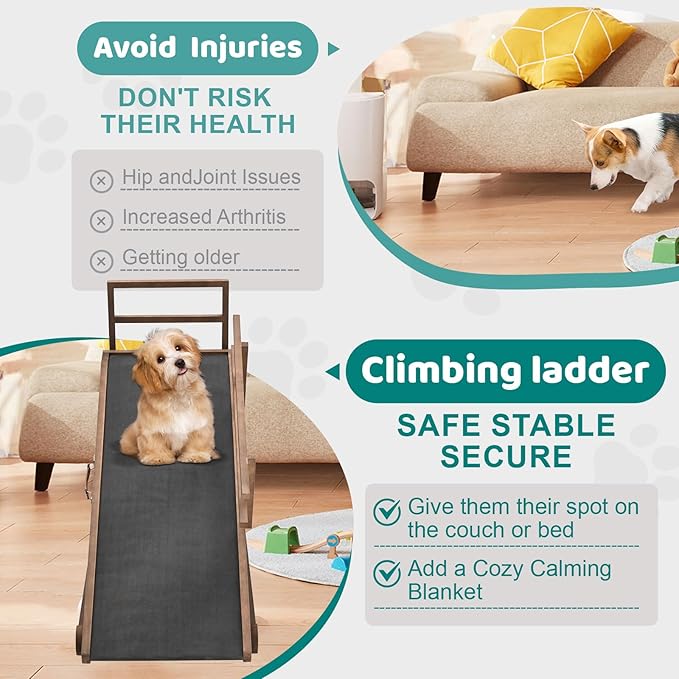 Dog Ramp for Bed, Adjustable Pet Ramps for Dog to Get on Bed, Non-Slip Rubber Surface - Folding Wooden Dog Ramp for Small/Large/Old Dogs, Adjustable up to 27.5 inch High Beds, Safety Railings
