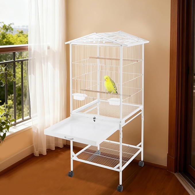 Large Bird Cage, Movable Pet Bird Flight Cages with Wheels 4 Feed Windows Slide-Out Tray, Panorama Bird Aviary 18.11x18.11x49.21in for Parrot, Parakeets, Budgerigars(White Style2)