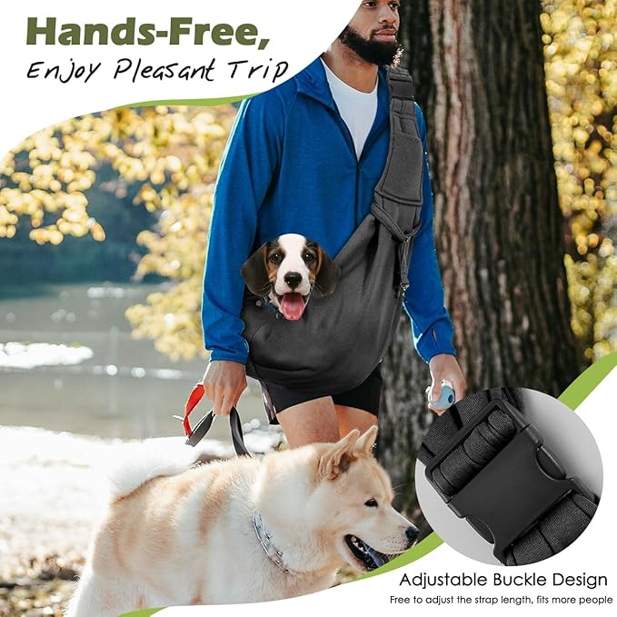 Pawaboo Small Dog Sling Carrier, Reversible Hands Free Dog Sling Carriers for Small Dogs and Cats, Puppy Slings Carrier with Adjustable Strap Buckle & Safety Harness, Puppy Essentials, Black
