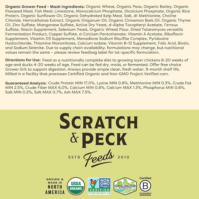 Scratch and Peck Feeds Whole Grain Grower Mash Chicken and Duck Feed - 40 lbs Bag - Corn-Free and Soy-Free - 17% Protein, Certified Organic and Non-GMO Project Verified Chicken Food
