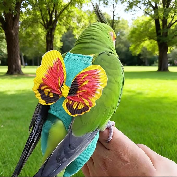 Escape-Proof Parrot Harness & Leash Set with Diaper - Adjustable Flight Suit with Bow & Safety Cord for Conures, African Grey, Parakeets, Doves (Yellow-S)
