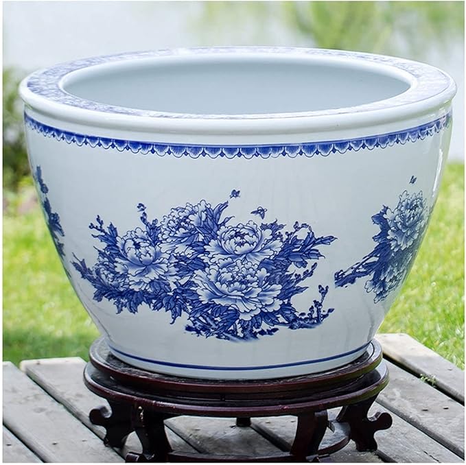Fish Tabk Chinese Style Blue and White Ceramic Goldfish Bowl Fish Tank Balcony Fish Culture Tank Courtyard Lotus Tank Turtle Tank Aquarium Starter Kits Cool Fish Tank(Color:C,Size:42cm)