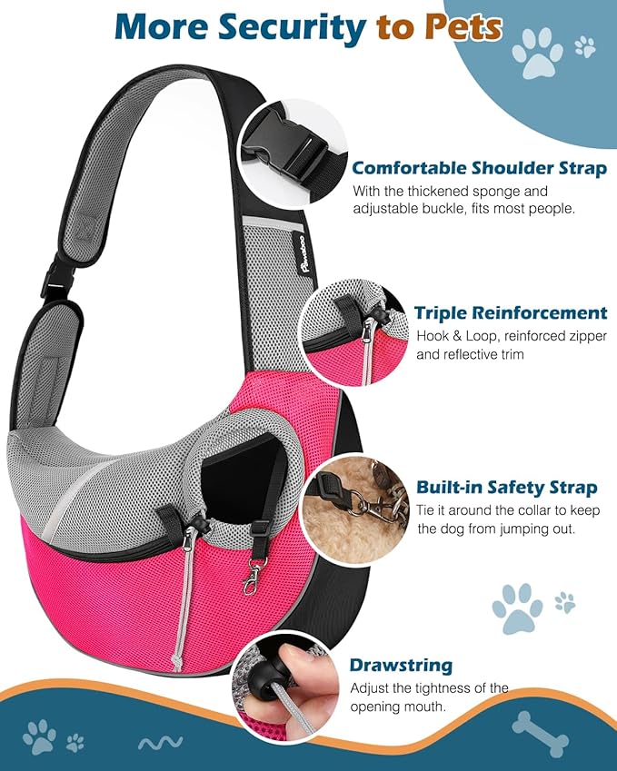 Pawaboo Pet Dog Sling Carrier, Hand Free Breathable Mesh Puppy Carrier, Dog Papoose with Zipper Touch Pocket and Adjustable Strap, Crossbody Satchel Dogs Purse for Outdoor, L, Pink