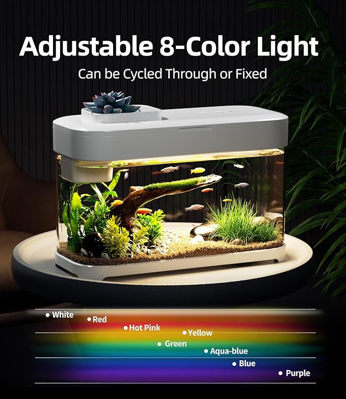 Smart Fish Tank 3 Gallon Aquarium Starter Kit with Temperature Monitor, Hidden Filtration, 8 Color Lighting, Self Cleaning Small Betta Tank Acrylic