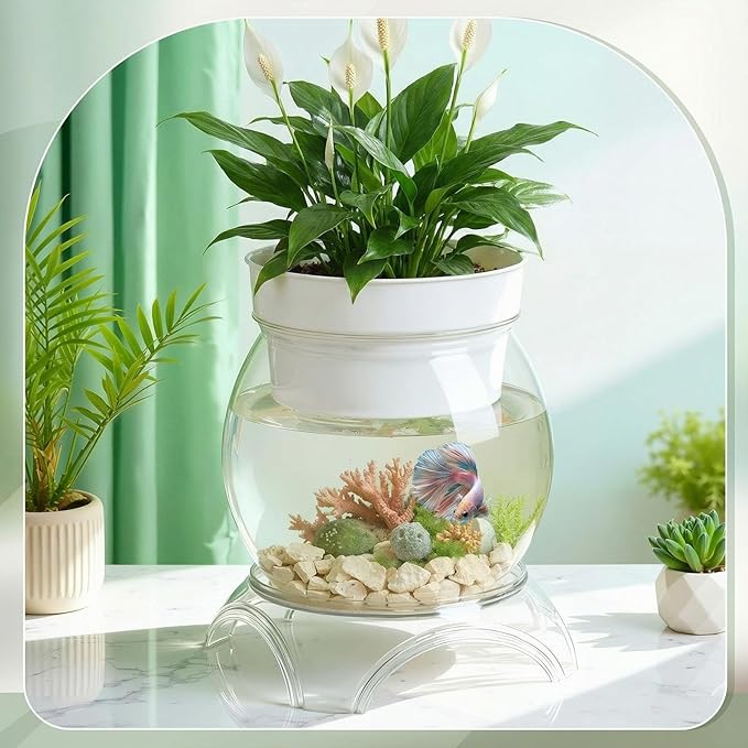 Geelin 5 Gallon Plastic Aquaponic Betta Fish Tank Aquaponic with Base and Top, Large Bowl Shatterproof Ecosystem Aquarium with Clear Clarity for Terrarium, Flower Vase Betta Fish Centerpiece Gifts