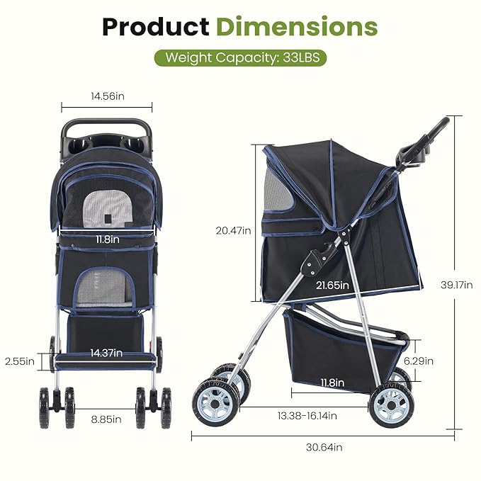 DUMOS 4 Wheels Pet Stroller for Small Dogs and Cats – Foldable Dog Stroller with Mesh Windows, Storage Basket & Cup Holder, Lightweight & Durable Pet Carrier for Travel, Outdoor Use – Black