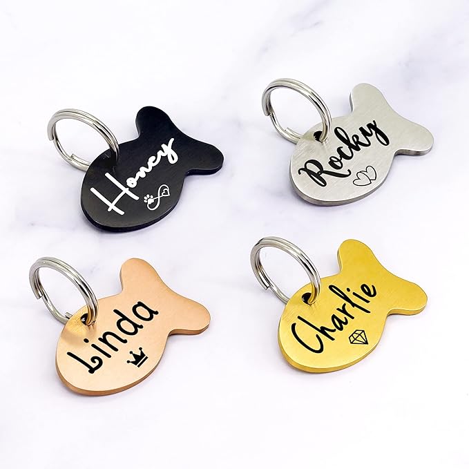 Ultra Joys Cat ID Tag Personalized Pet Tags, Durable Stainless Steel Small Pet Mini Dog Cat Tag Lightweight - Fish Tag in Rose Gold