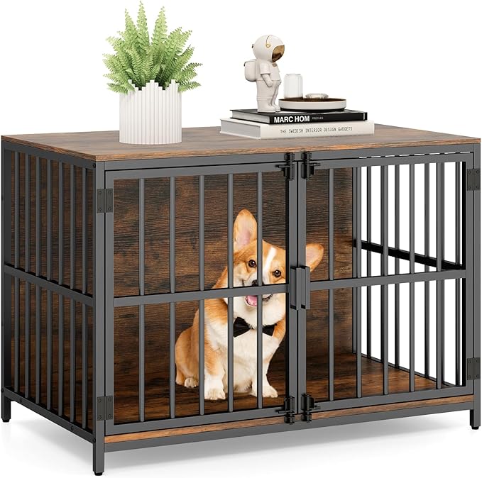 PETSITE 40 Inch Industrial Dog Crate Furniture, Heavy Duty Wooden Dog Kennel with Double Lockable Doors, Decorative Dog Cage End Side Table for Small and Medium Sized Dogs (Rustic Brown)