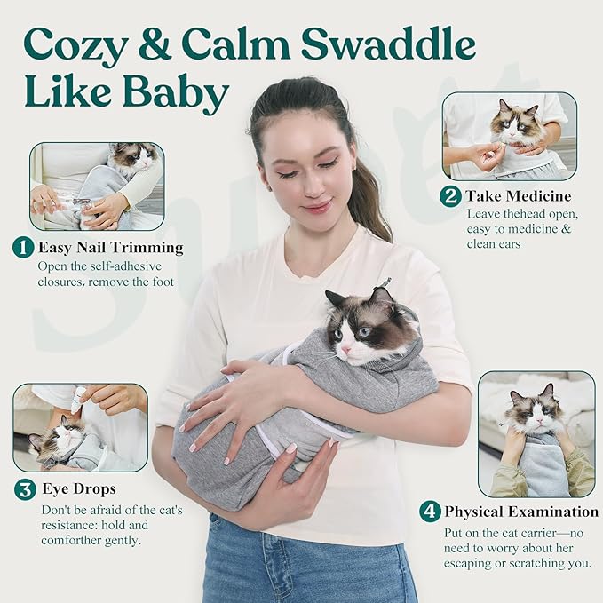 Supet Cat Grooming Wrap for Cutting Nails, Self-Adhesive Anti-Scratch Swaddle with Bite-Proof Mesh Hood & Thick Waist Strap Anti-Escape Bag for Nail Trimming, Medication, Ear Cleaning (Grey S)