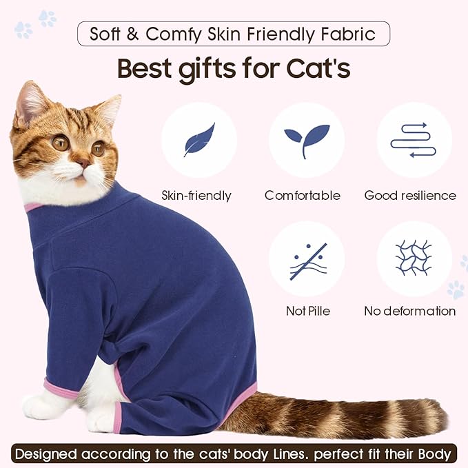 DENTRUN Cat Clothes for Hair Control with Hair Sticky Fabric - Soft Recovery Suit & Breathable Lint-Resistant Cat Sweater for Cats Only, Kitten Onesie Pajamas, L, Blue